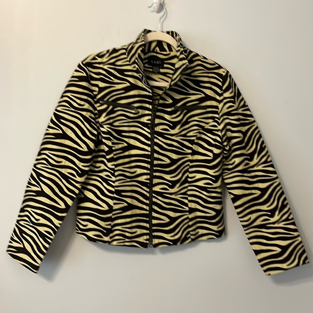 Women’s Nabi Green & Brown Animal Print Zip-Up Jacket Sz Medium Zipper Detail